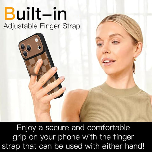SOKAD 17 for iPhone Pro Case with Finger Strap Kickstand, Cute Checkered Checkerboard Phone Case with Finger Hand