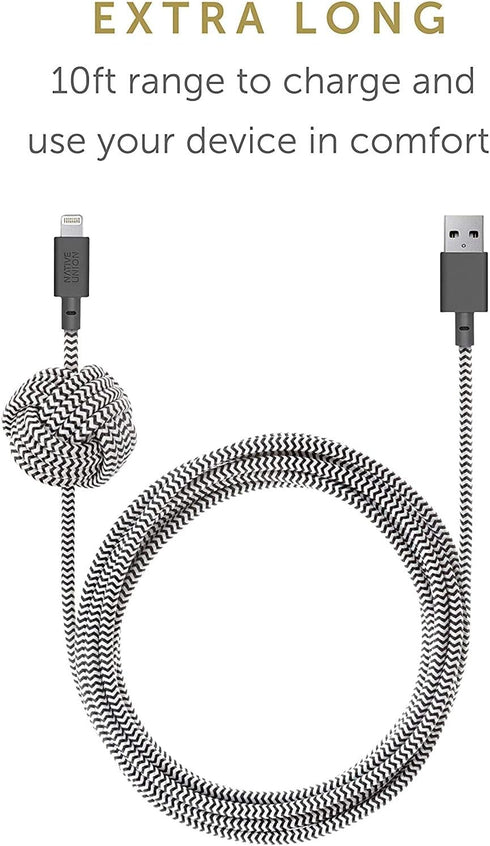 Native Union Night Cable - 10ft Ultra-Strong Reinforced Lightning to USB-A Charging Cable, Zebra