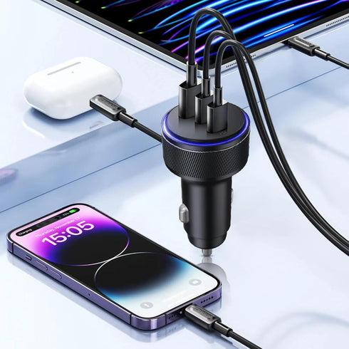 USB C Car Charger 90W 3-Port Dual USB-C & USB-A Power Adapter with Fast Charging Cable for iPhone 15/14/13/12/11