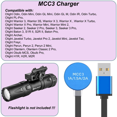 Kissmart MCC 3 Charger for Olight Odin/Odin Mini/PL-Pro/Baton3/Warrior Mini2/Perun 2/Seeker 3 Pro/Warrior 3s/Baldr Pro R | Replacement USB Charging Cable for Flashlights (1m/3.3ft)