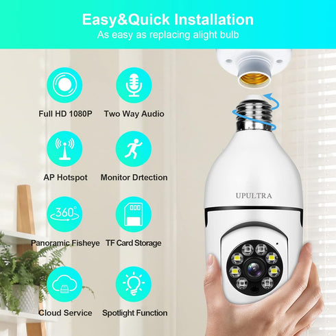 Light Bulb Security Camera, 1080P Wireless Wifi Smart Home Surveillance, E27 Socket, 360 Degree PTZ