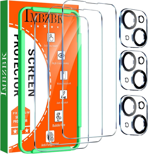 IMBZBK iPhone 14 Screen Protector 3 Pack - Tempered Glass, 9H Anti-Scratch, Case Friendly, with Camera Lens Protectors.