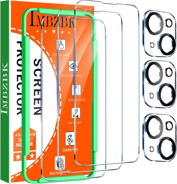 IMBZBK iPhone 14 Screen Protector 3 Pack - Tempered Glass, 9H Anti-Scratch, Case Friendly, with Camera Lens Protectors.