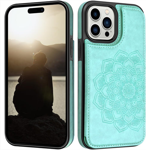 MMHUO Flower Magnetic Back Flip Case for iPhone 15 Pro, Mint, with Card Holder & Wallet Design