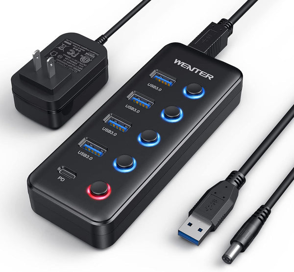 WENTER Powered USB 3.0 Hub, 5-Port USB Hub Splitter (4 Faster Data Transfer