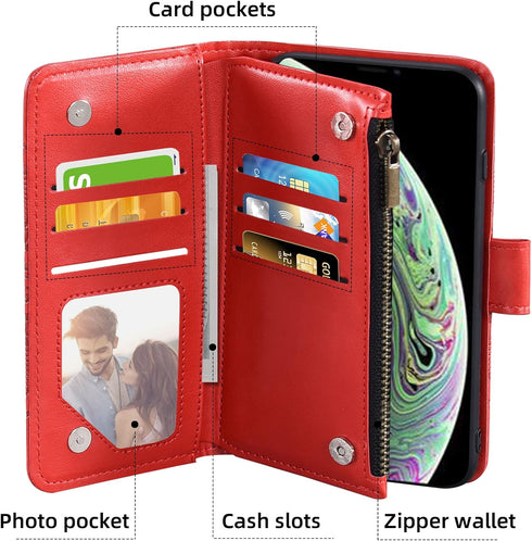 Asuwish iPhone Xs Max Wallet Case: Flower Leather Flip, TPU, Tempered Glass Protector, Credit Card Holder, Red.
