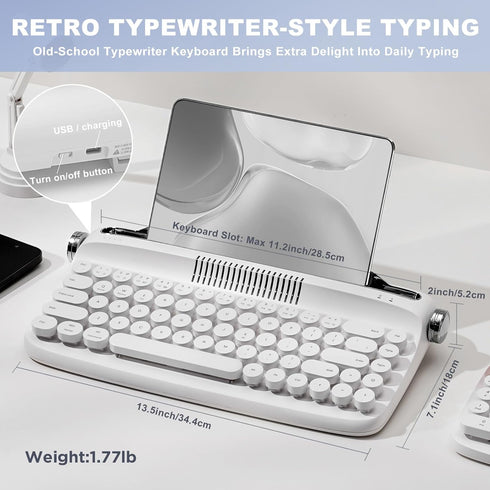 YUNZII Upgraded Wireless Keyboard, Retro Typewriter Style with Integrated Stand, USB-C/Bluetooth, Snow White