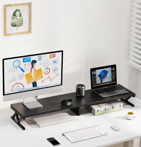 Dual Monitor Stand Riser, Large Wood Monitor Riser for 2 Monitors with Storage, Sturdy Wood & Steel Desktop Organizer