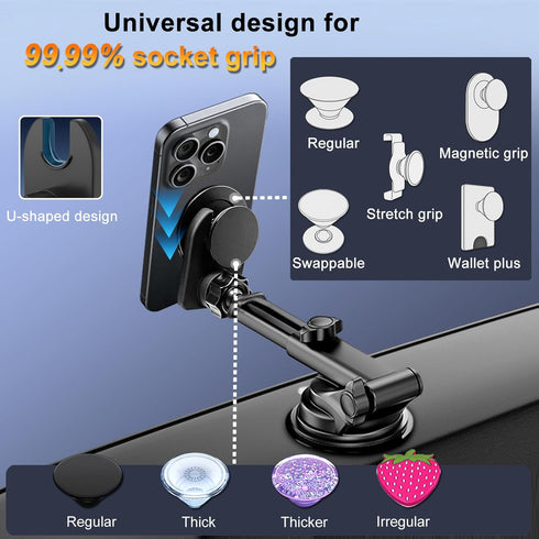 Dashboard Windshield Car Phone Holder for Pop Socket, Powerful Suction Cup Mount Fits All Smartphones
