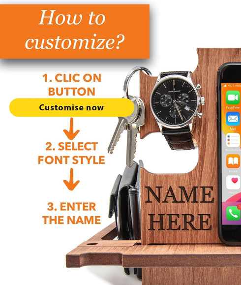 Greta Oto Wood Phone Docking Station for Men | Nightstand Bedside Desk Organizer | Best Personalized Idea for Father's