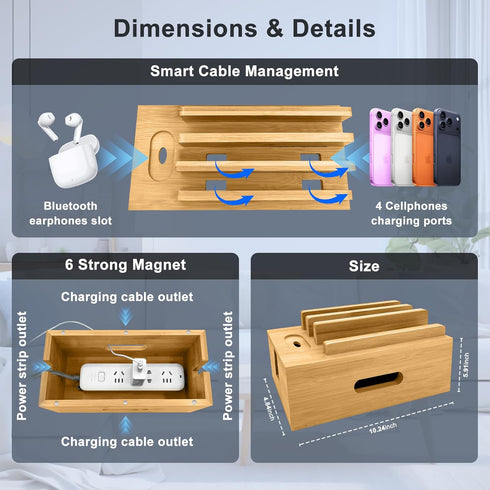 Osmudax Bamboo Charging Station for Multiple Devices, Cable Management Box for Power Strip, USB Charger & USB Charging