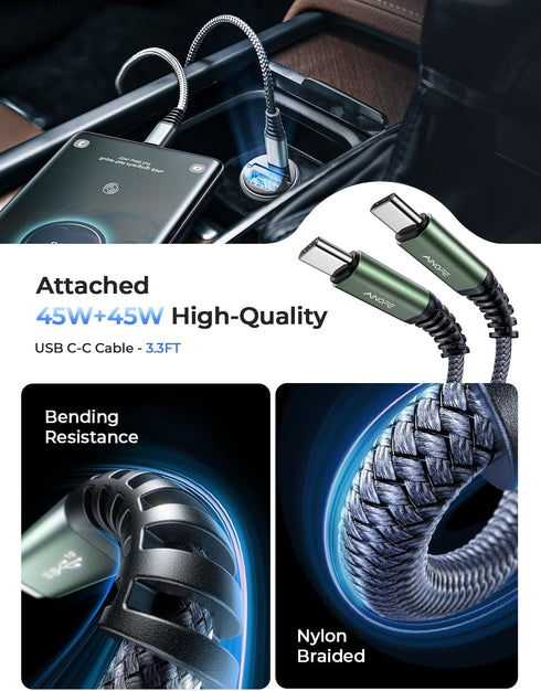 AINOPE 90W USB C Car Charger, Super Fast Charging, Fast Car Charger with 3.3ft Nylon Type C Cable, Mini Cigarette