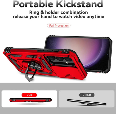 SunStory Galaxy S24 Case - Military-Grade Protection, HD Screen Protector, Kickstand & Slide Camera Cover (Red)