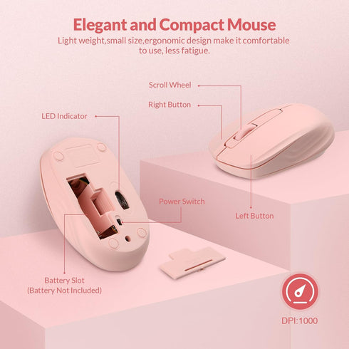 Rii Wireless Keyboard and Mouse Combo, Standard Office PC Keyboard with Optical Wireless Mice in Pink