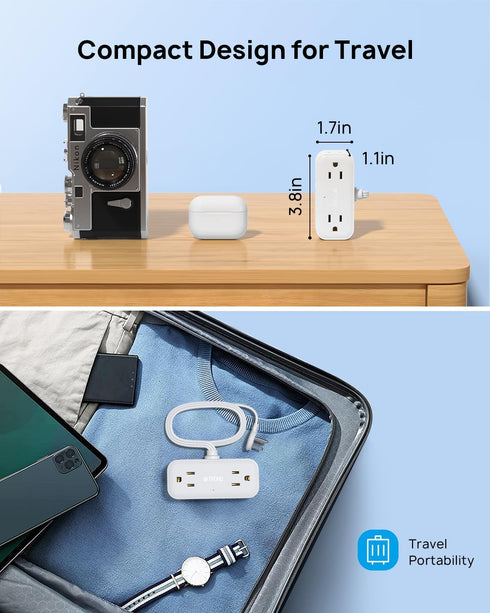 TROND Travel Power Strip with USB Ports, 5ft Flat Plug Extension Cord, Small Wall Mount Extender Adapter for Office