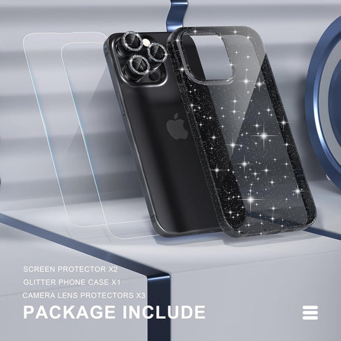 Choiche Cute Clear Glitter Bling Case for iPhone 15 Pro Max, Includes 3 Diamond Camera Lens Protectors, Glitter Black