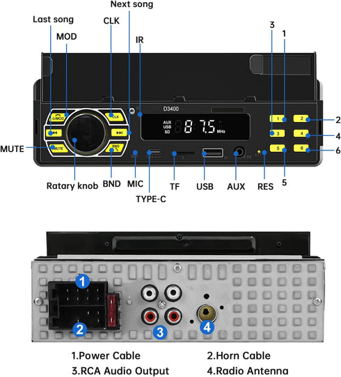 ePathChina MP3/SD/TF/AUX/USB/Remote/Type-C Car Audio Stereo, Single Din, Bluetooth, No CD DVD Player, FM Radio