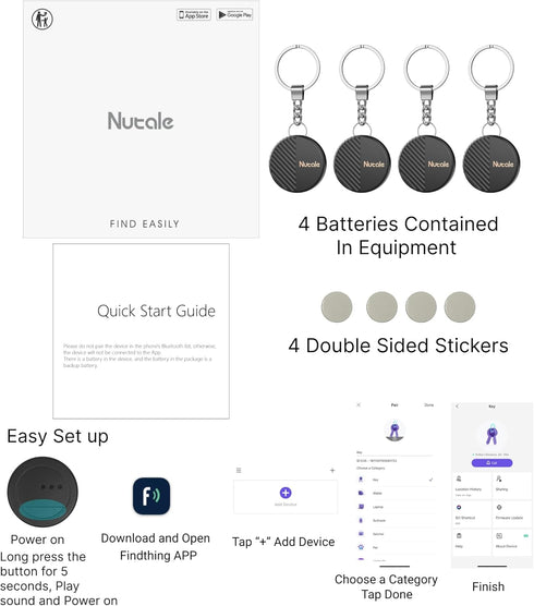 Mate Key Finder, Bluetooth Tracker with Key Chain for Keys, Pets, Wallets, Tablets, Batteries Included (4)
