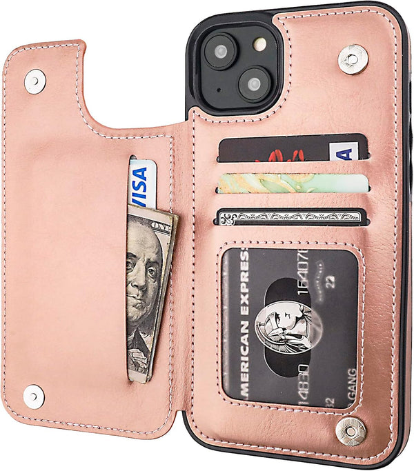 iPhone 14 Plus Wallet Case with Card Holder, PU Leather Kickstand, Double Magnetic Clasp, Durable Shockproof Cover 6.7