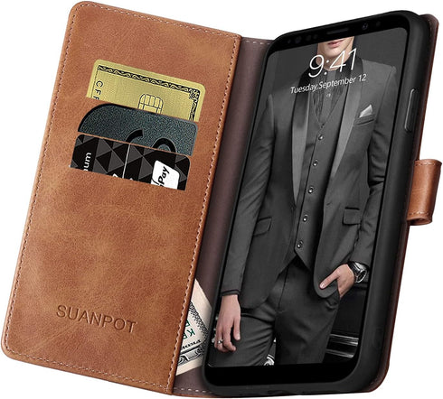 SUANPOT Leather Wallet Case for Samsung Galaxy Note 8 - RFID Blocking, Flip Folio Book Phone Case, Light Brown