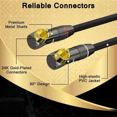 Right Angle RCA Cable 3 FT, 90 Degree 2RCA to 2RCA Stereo Audio Cable, Gold-Plated Plug for Home Theater, Subwoofer,