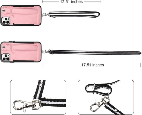 TOOVREN Lanyard Case for iPhone 12/12 Pro with Strap, Slim Designer Wallet Protective Case with Card Holder Pink