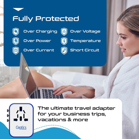 Ceptics Universal Travel Adapter Plug with 4 USB Ports - Charge Cell Phones, Smart Watches, iPhones - For International