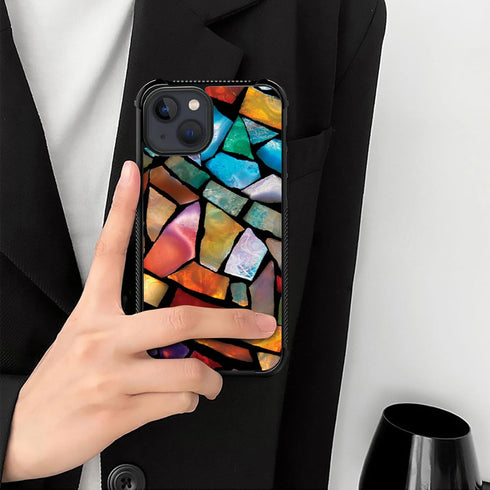 ZHEGAILIAN Stained Glass Mosaic Case for iPhone 15, Tempered Glass Back + Soft Silicone TPU Shock Protective
