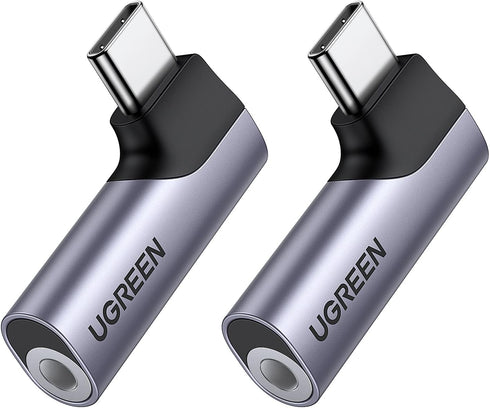UGREEN 2 Pack USB C to 3.5mm Audio Adapter, Type C Aux Headphone Jack DAC Stereo Mic HiFi Right Angle Dongle for iPhone