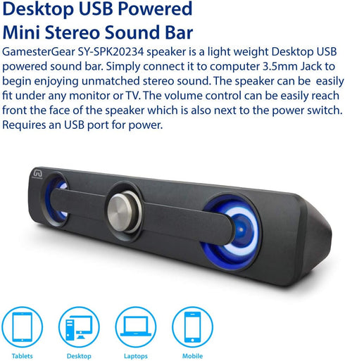 Desktop Compact USB Powered Wired Multimedia Mini Stereo Sound Bar 3.5mm Audio Jack Blue LED 2.5 Watts Speaker