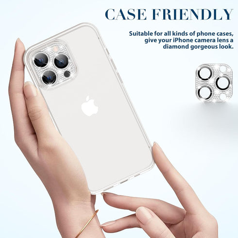 Goton Camera Lens Protector for iPhone 15 Pro Max & 15 Pro - Bling Glitter Diamond Metal, Tempered Glass, Silver.