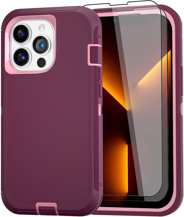 Full Body Heavy Duty Military Grade Case for iPhone 13 Pro Max 6.7" with 2 Screen Protectors, Wine Red Pink