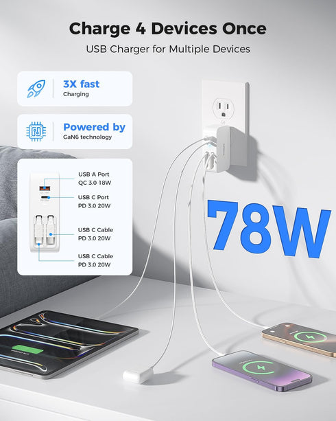 SUPERONE 4-Port 17/16/15/14/13/12/11 Retractable iPhone Charger, USB C Charger Block, iPhone Chargers Fast Charging