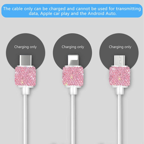 Bling 3-in-1 USB Wall Charger & Cable for iPhone/Android, Pink Crystal Decor, Multi USB Cord, Cell Phone Accessories.