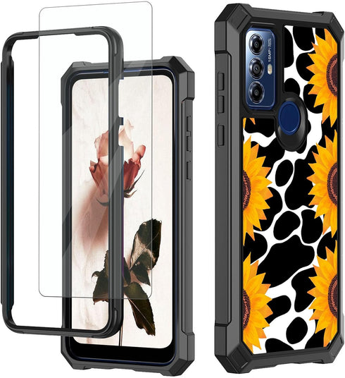 Shop Motorola Moto G Play 2023 Case with Glass Screen Protector, Heavy Duty PC & TPU, Shockproof - Cow Print Sunflowers.