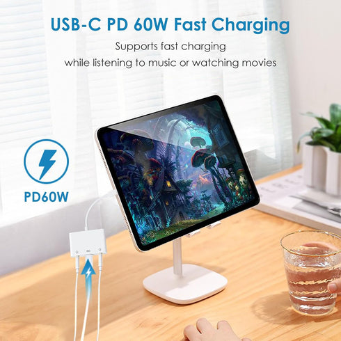 USB C to Dual 3.5mm Headphone Splitter for iPad/iPhone 15, 3 in 1 Audio Splitter with PD Fast Charging Adapter