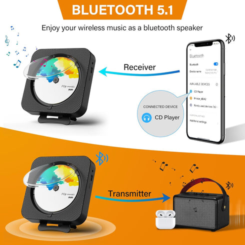 Portable CD Player with Bluetooth, Desktop Music Player with Remote Control, Supports CD/FM Radio/USB/AUX - Black