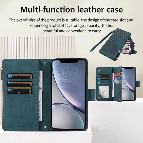 Asuwish iPhone Xs Max Wallet Case: Leather Flip Zipper, Card Holder, Tempered Glass Protector, Wrist Strap - Green.