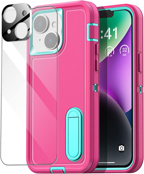 AICase iPhone 14 Heavy Duty Case with Kickstand, Glass Screen Protector & Camera Lens, Rugged Shockproof Protection.