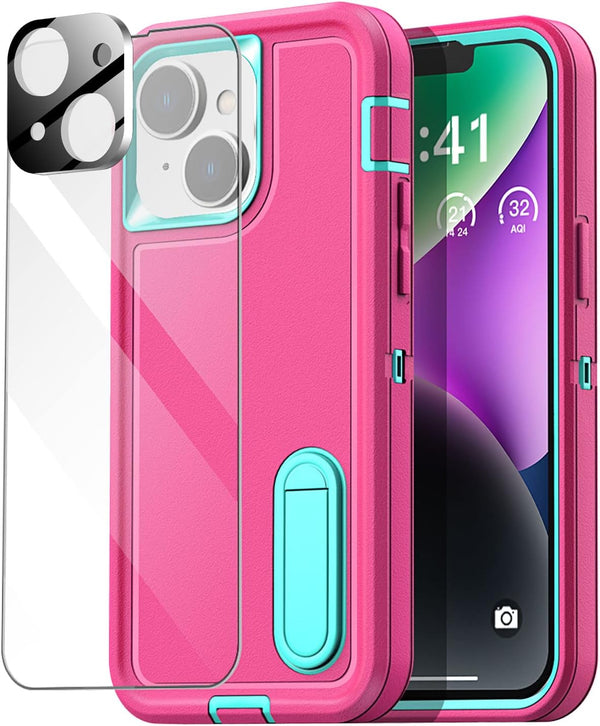 AICase iPhone 14 Heavy Duty Case with Kickstand, Glass Screen Protector & Camera Lens, Rugged Shockproof Protection.