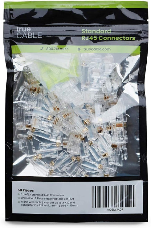 trueCABLE Cat6/6A RJ45 Connectors, Staggered, Unshielded (UTP) Modular Plug, UL Listed, Load Bar, Gold Plated 3 Prong 8P8C, 50 Pieces