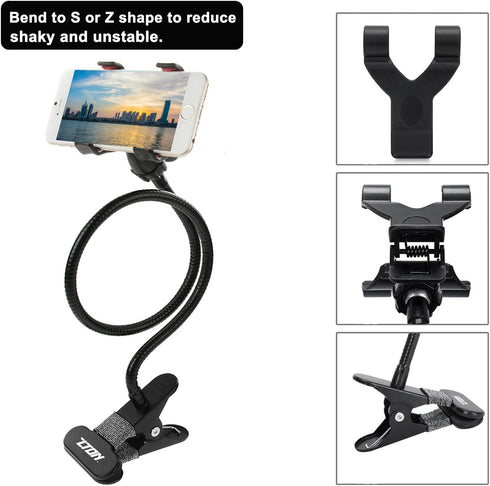 ZTON Metal-Enhanced Mobile Phone Holder, Lazy Bracket with Flexible Long Arms Clip Mount for iPhone, Black