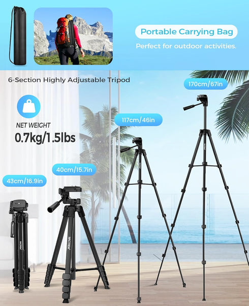 67" Tripod for iPhone, MACTREM iPad Tripod Stand with 2 in 1 Phone Holder & Wireless Remote for Video Recording,