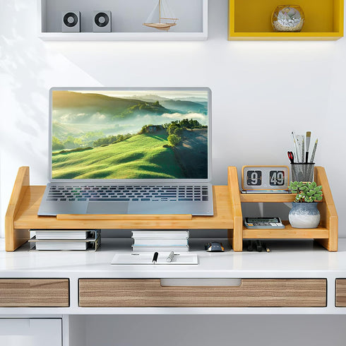 Ufine Bamboo Laptop Stand for Desk, Adjustable 3 Heights Notebook Stand with 2 Tier Storage Shelf, Home Office Organizer