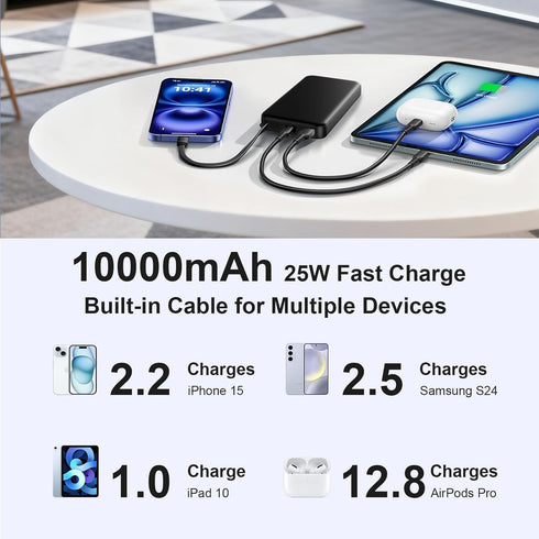 JUOVI 25w 10000mAh Pack 17/16/15 Portable Charger Power Bank with Built-in USB C Cable, Battery Charger Portable LED
