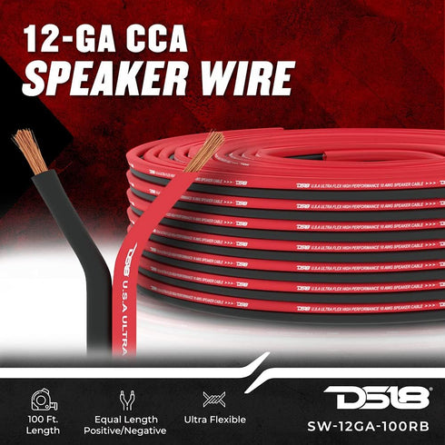 DS18 SW-12GA-100RB 12-GA Ultra Flex Speaker Wire 100FT Red and Black - Speaker Cable for Audio Applications