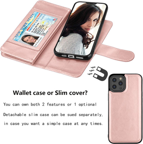 Njjex iPhone 12 Mini Wallet Case (2020), 9 Card Slots, PU Leather, Detachable Kickstand, Magnetic Cover, Rose Gold