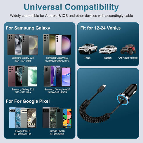 Pixel 9 Pro Car Charger Adapter - 48W Dual Port with 4FT USB C Cable for Google Pixel & Samsung Fast Charging