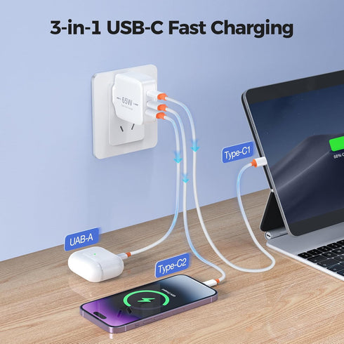 65W USB C Charger, TRYTHINK 3-Port GaN Charger Block, Foldable Compact Fast Wall Power Adapter for Notebook, MacBook