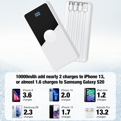 TXQX 10000mAh Pack 5 3 Portable Charger with Built in Cables,High Speed Power Bank Travel Battery Outputs Inputs